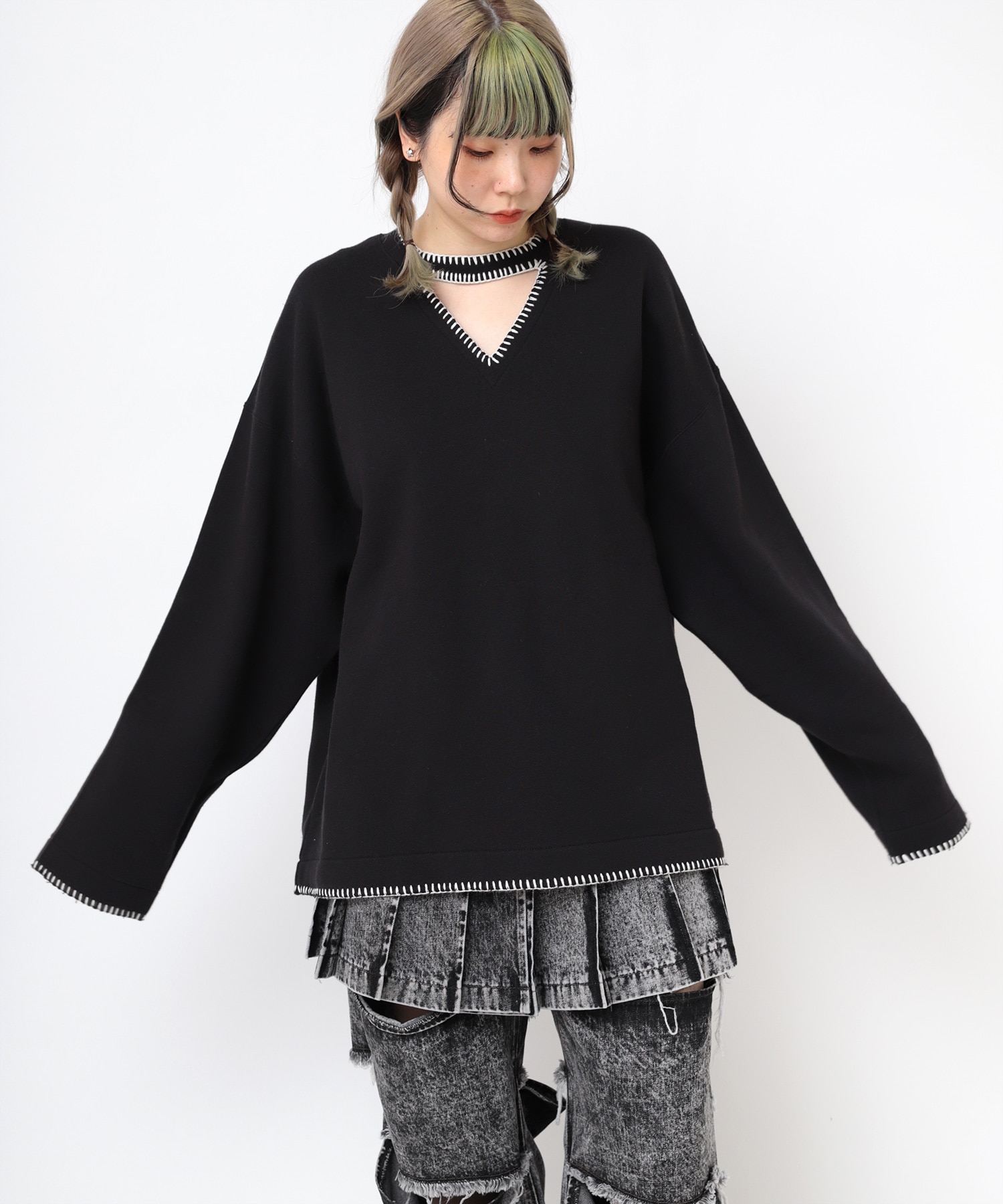 M2409 ブランケットステッチクルーネック(M ブラック): トップス - RNA