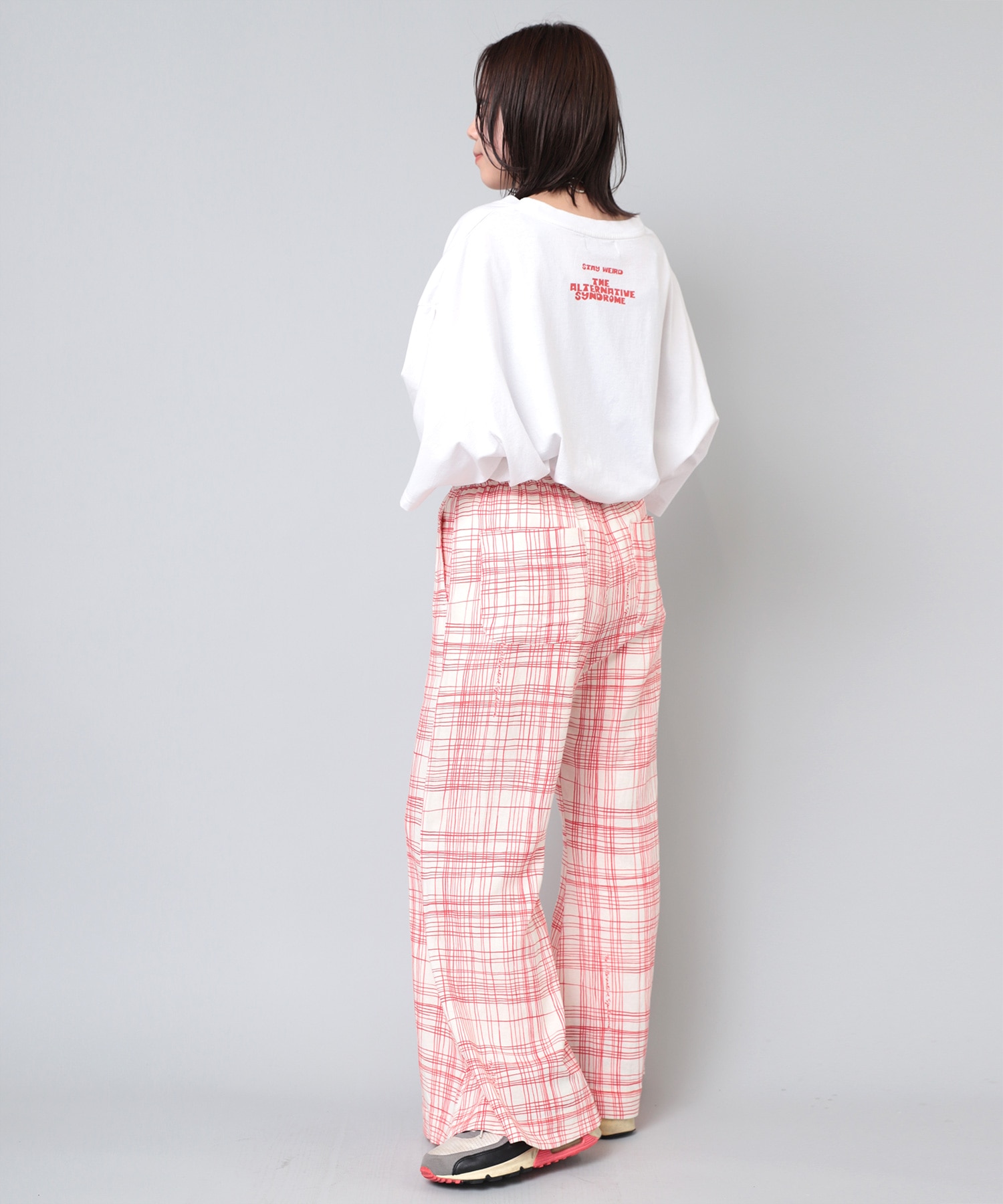 R4102 クレヨンチェックスーパーフレアパンツ(M ホワイト/ブラック