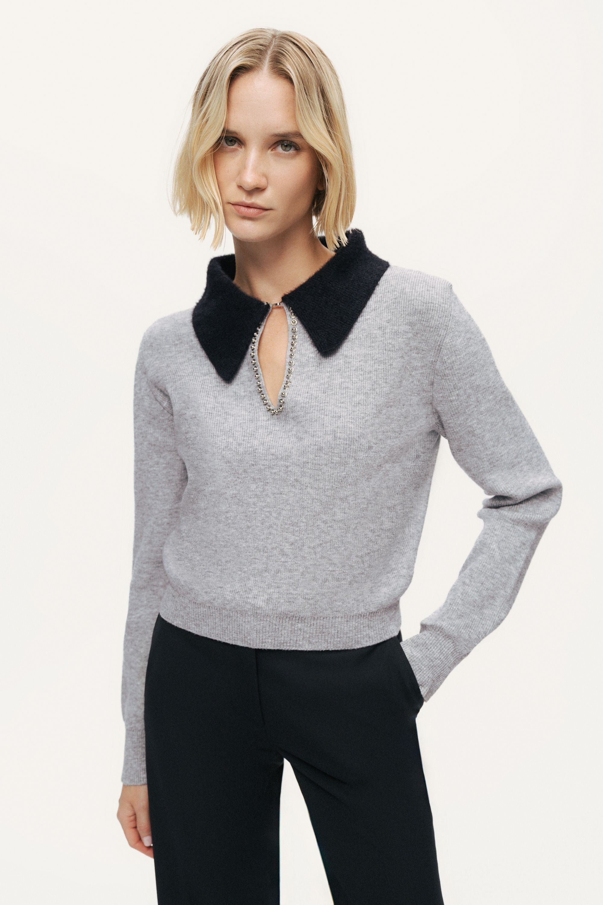 Contrast Collar Keyhole Knit Sweater – Nocturne