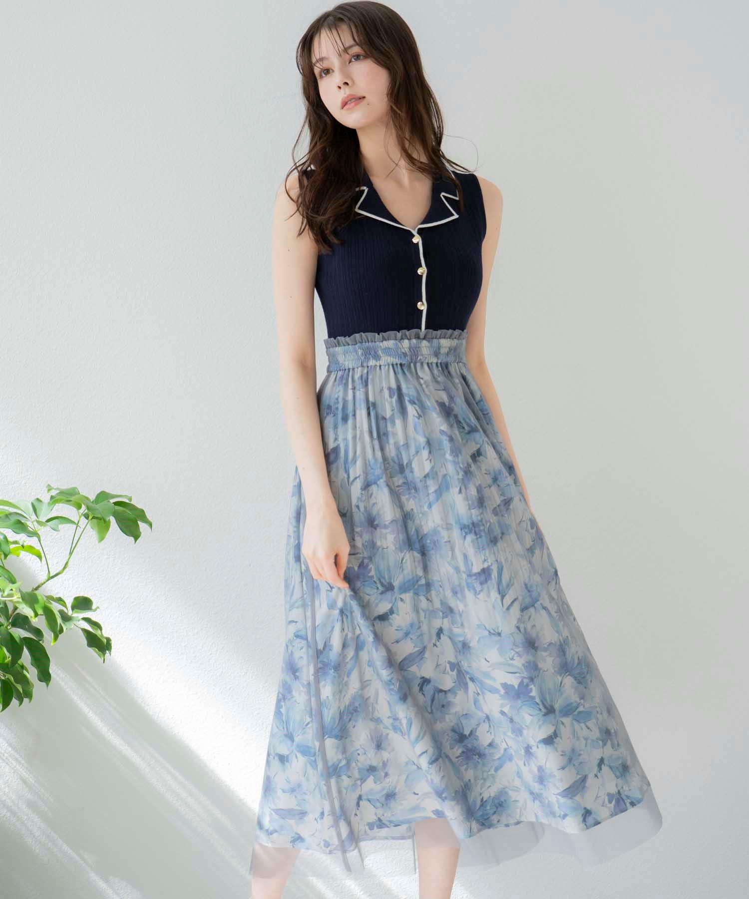 スティナ フラワープリント ネイビー ワンピースレオタード stina新作