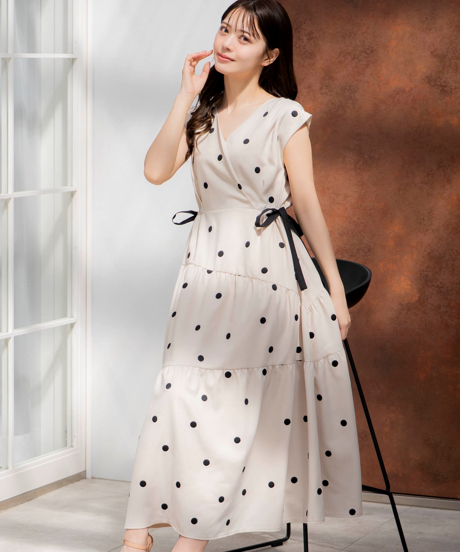 15周年】【SSサイズあり】リネンタッチドットワンピ | ロング