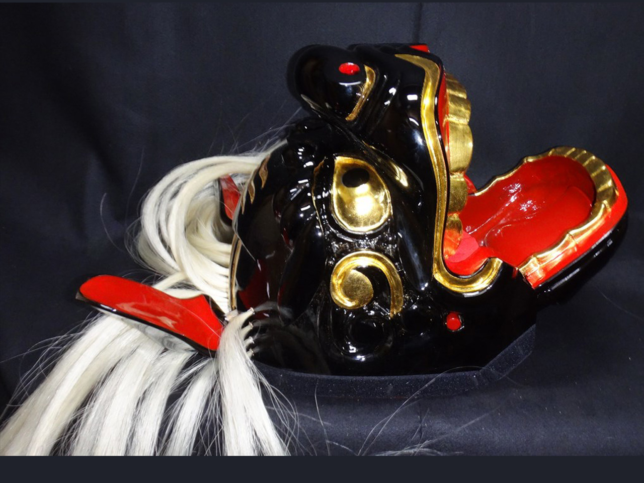 獅子頭-完成品大特価、黒権九郎獅子白髪付き1尺