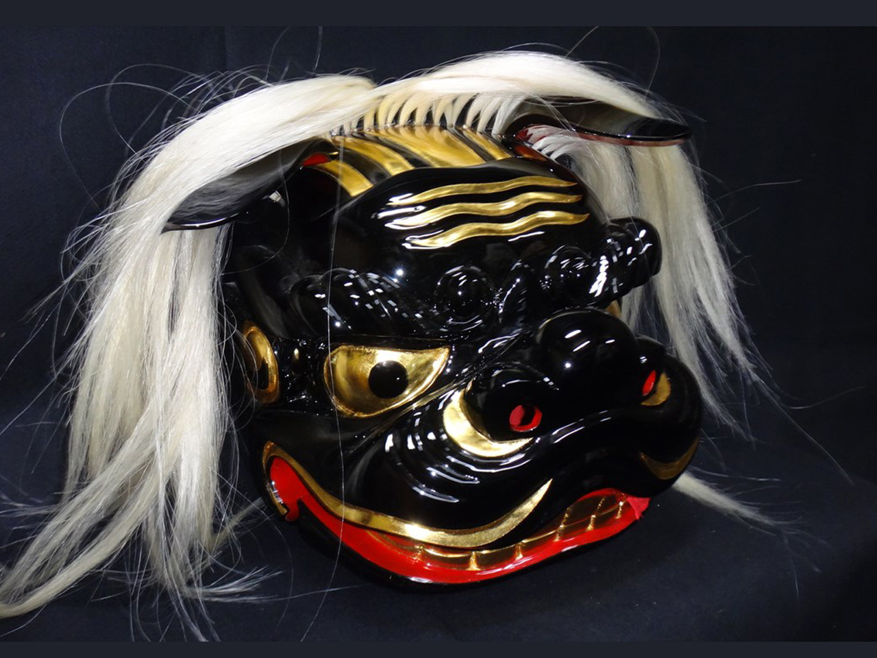 獅子頭-完成品大特価、黒権九郎獅子白髪付き1尺