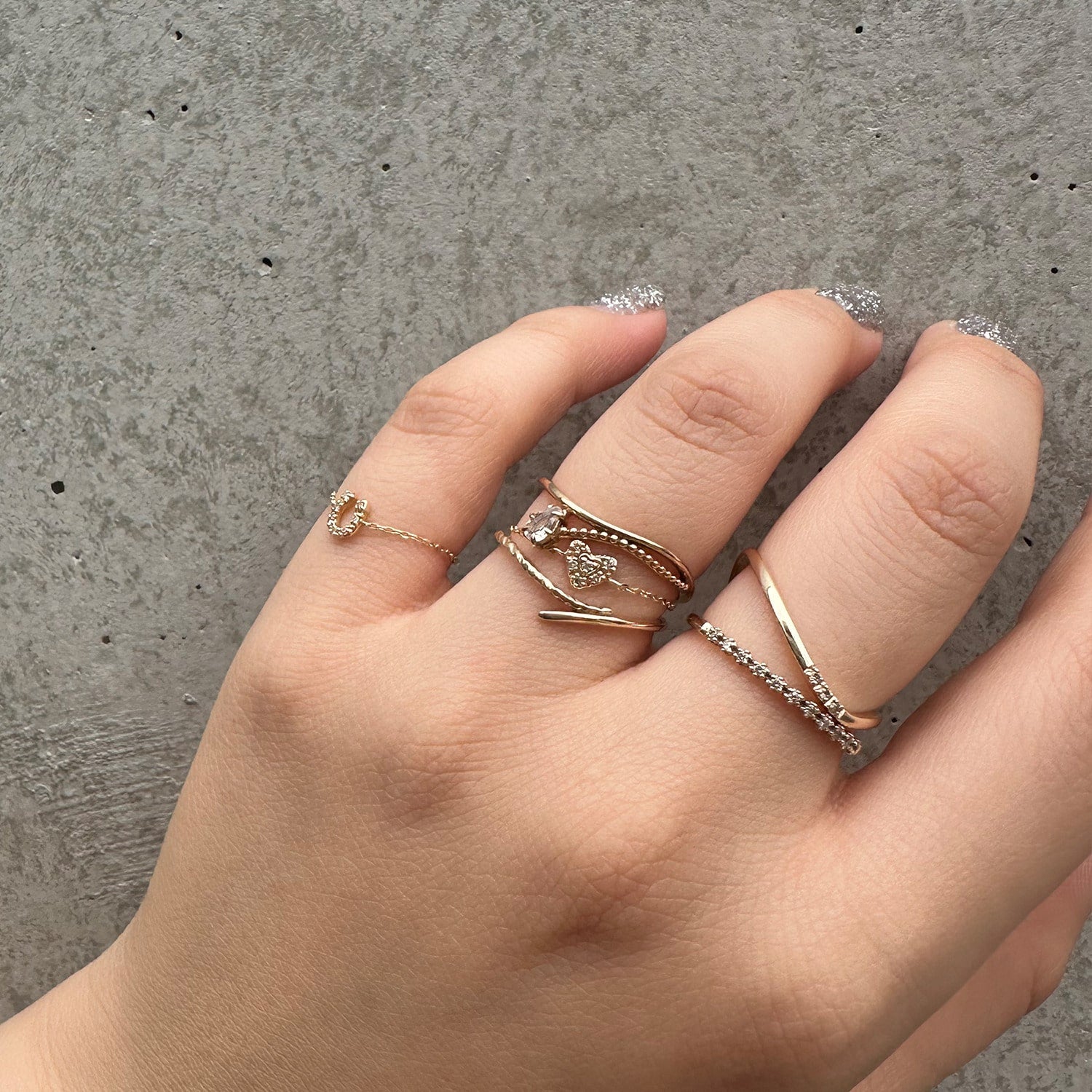 Tiny Motif】K10ダイヤモンドハートチェーンリング（0.03ct）｜リング