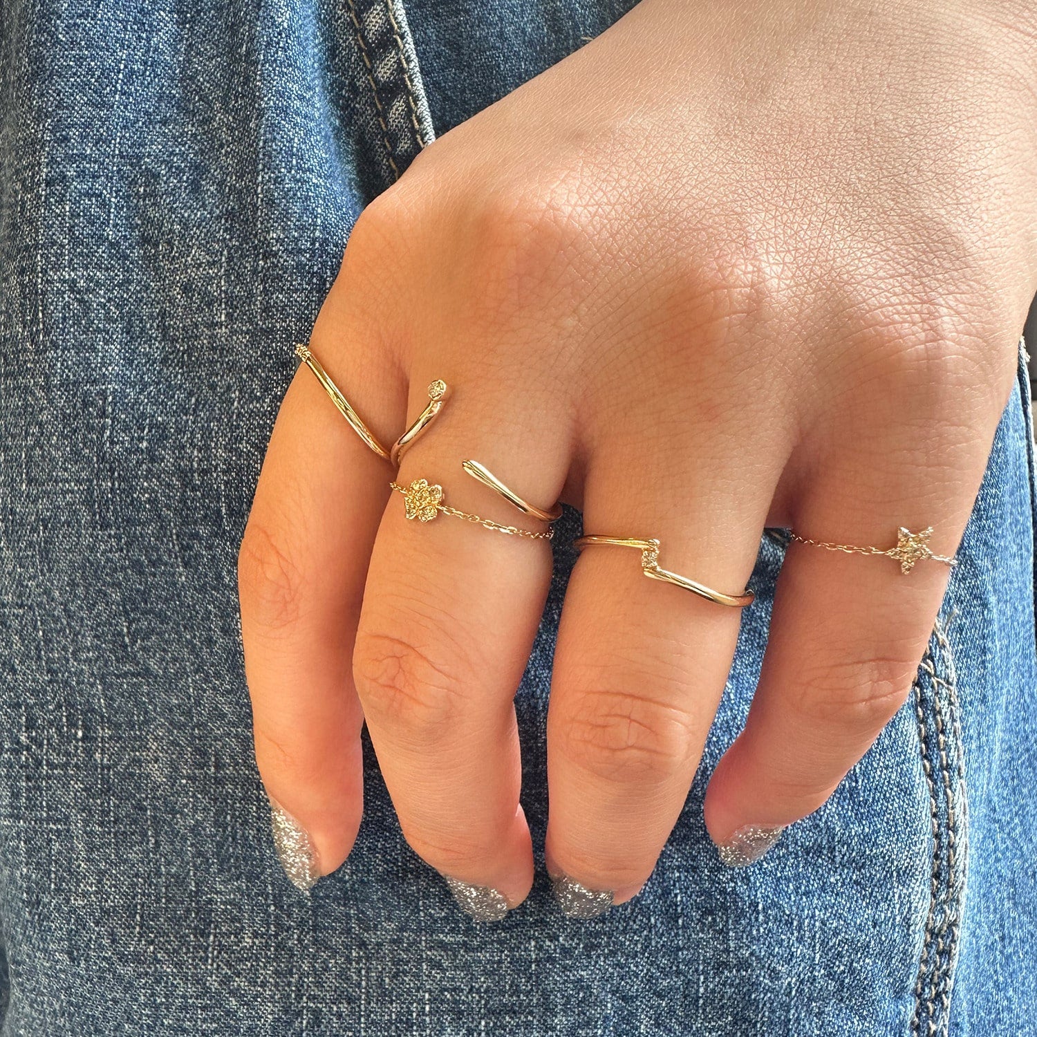 Tiny Motif】K10ダイヤモンドスターチェーンリング（0.02ct）｜リング