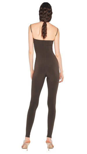 STRAPLESS SHIRRED FRONT CATSUIT – Espresso – Norma Kamali
