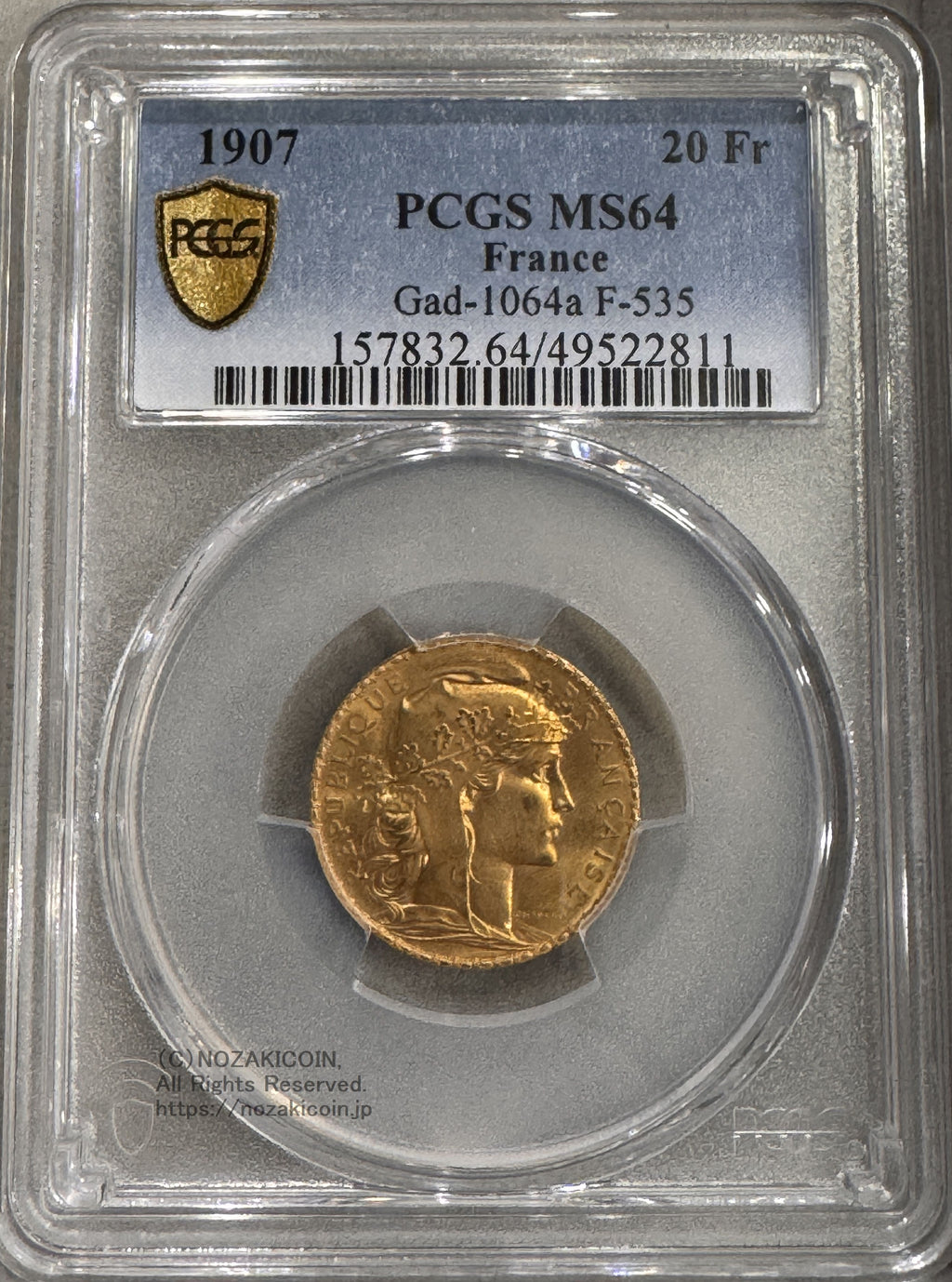 フランス 20フラン金貨 マリアンヌ ルースター 1907年 PCGS MS64