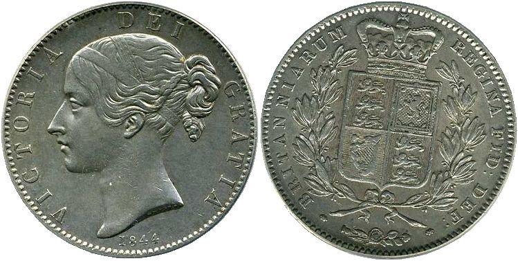 イギリス ヴィクトリア クラウン銀貨 ヤングヘッド1844年 PCGS XF45