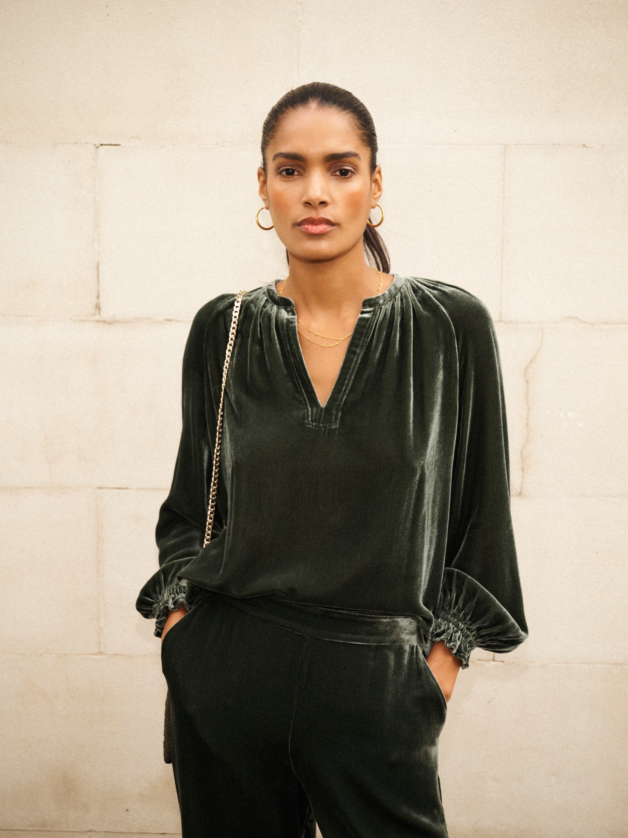 Nikki Silk Blend Velvet Shirt - Khaki | NRBY Clothing.