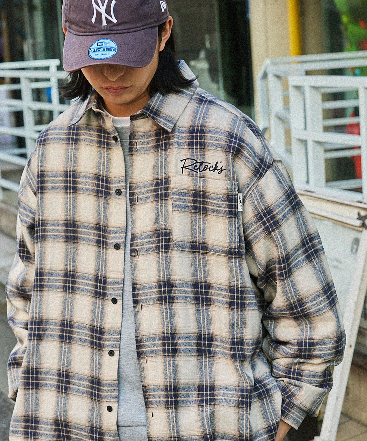 retock's】ロゴ刺繍 オンブレチェック ビッグシルエット長袖シャツ