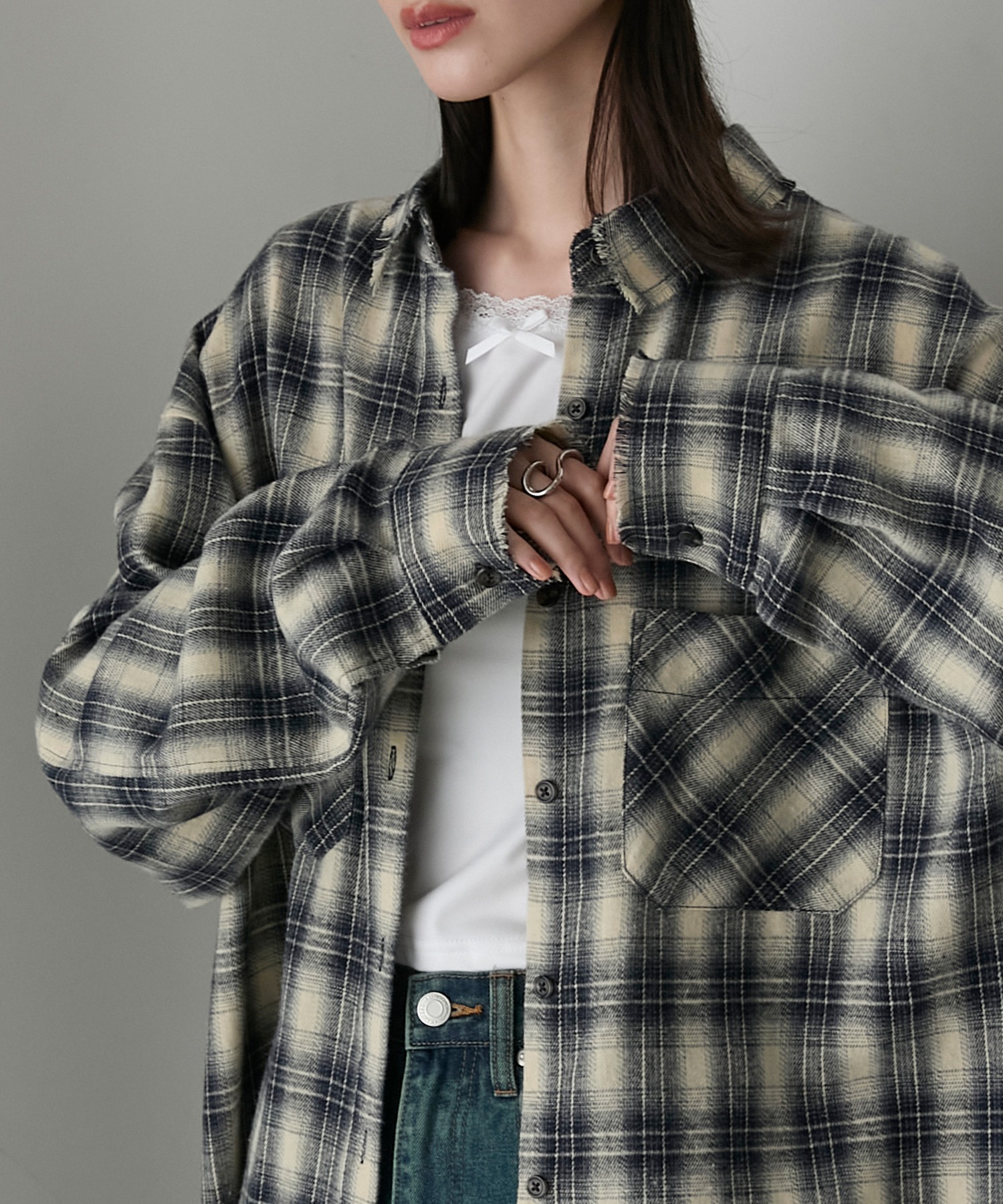 forksy.】フリンジ加工チェック柄オーバーサイズシャツ forksy.│MONO