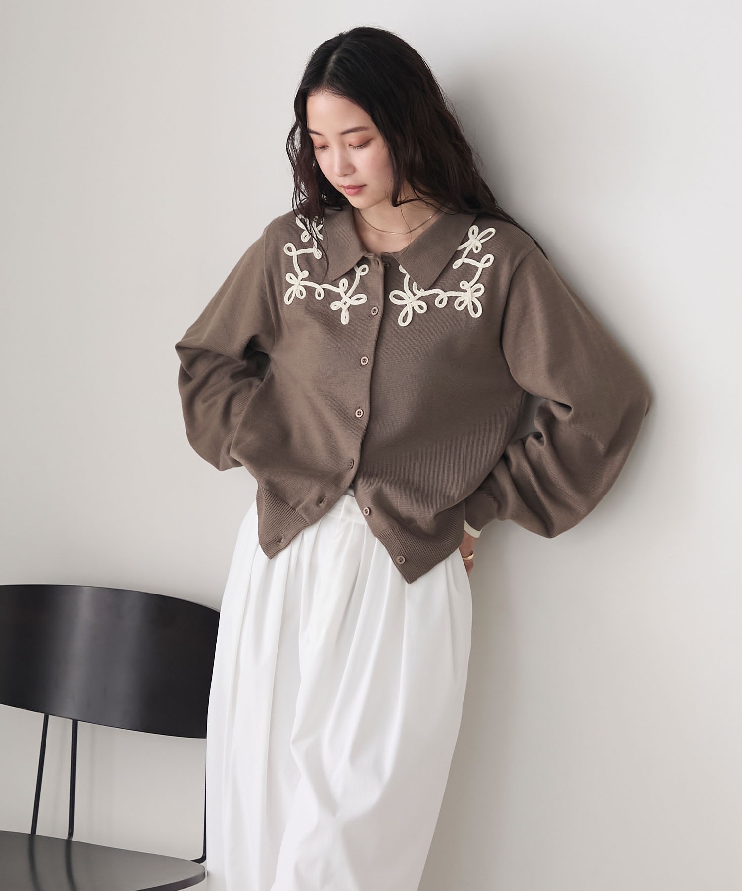 forksy.】ニュアンス柄コード刺繍ニットポロカーディガン forksy