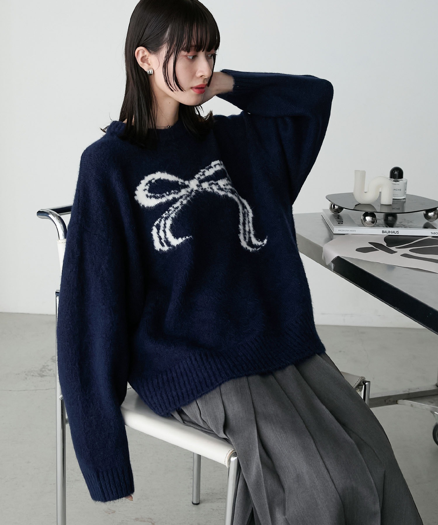 forksy.】リボンジャガードオーバーサイズニットプルオーバー forksy