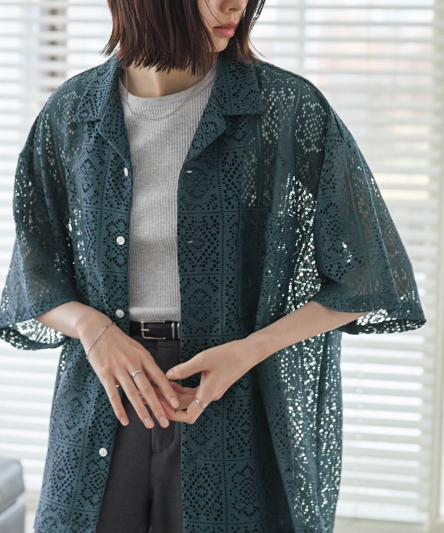 シアーレースジャガード ルーズシルエットオープンカラーシャツ MONO