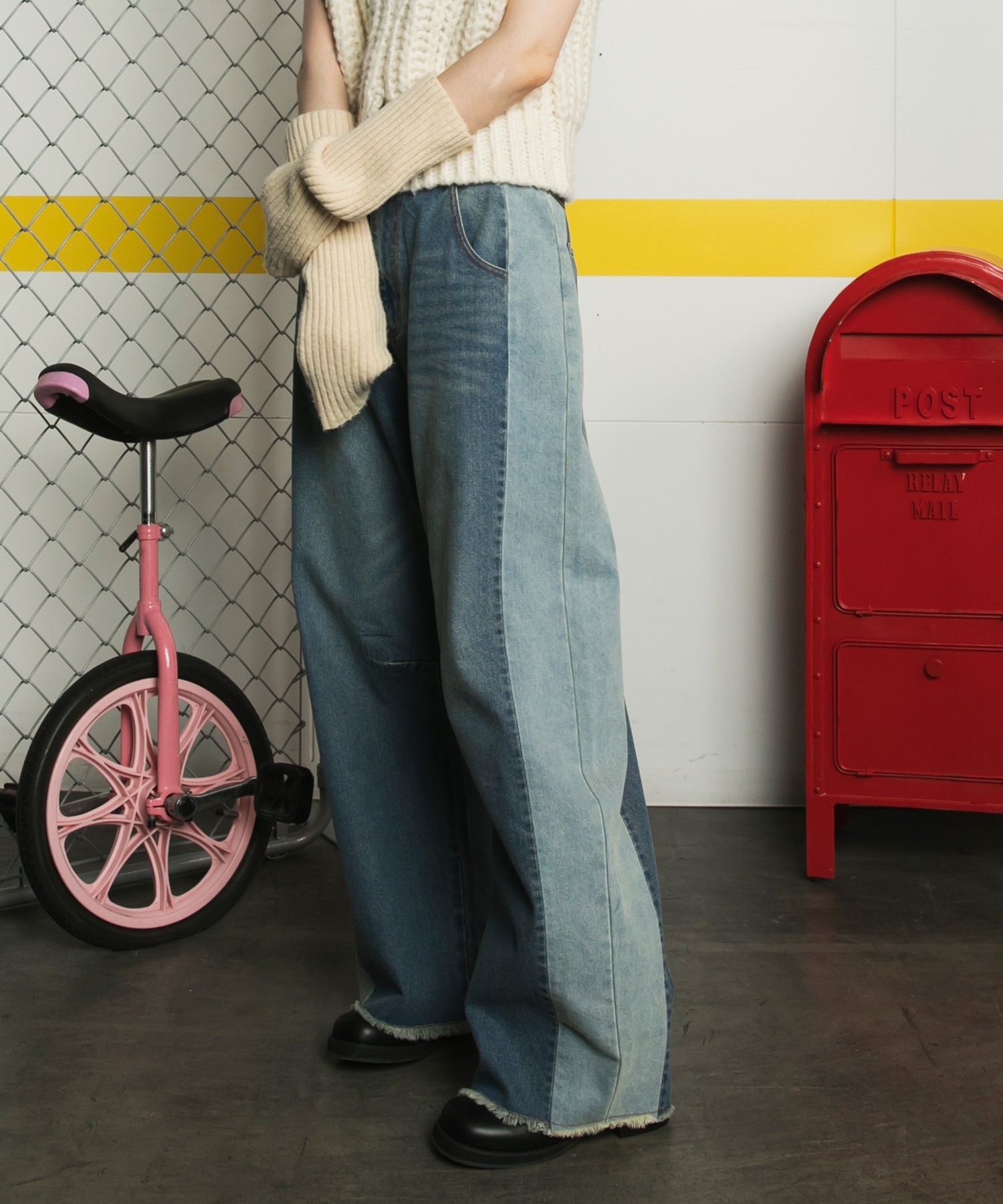 forksy.】リメイク風 サイド切り替え デニムカーブパンツ forksy