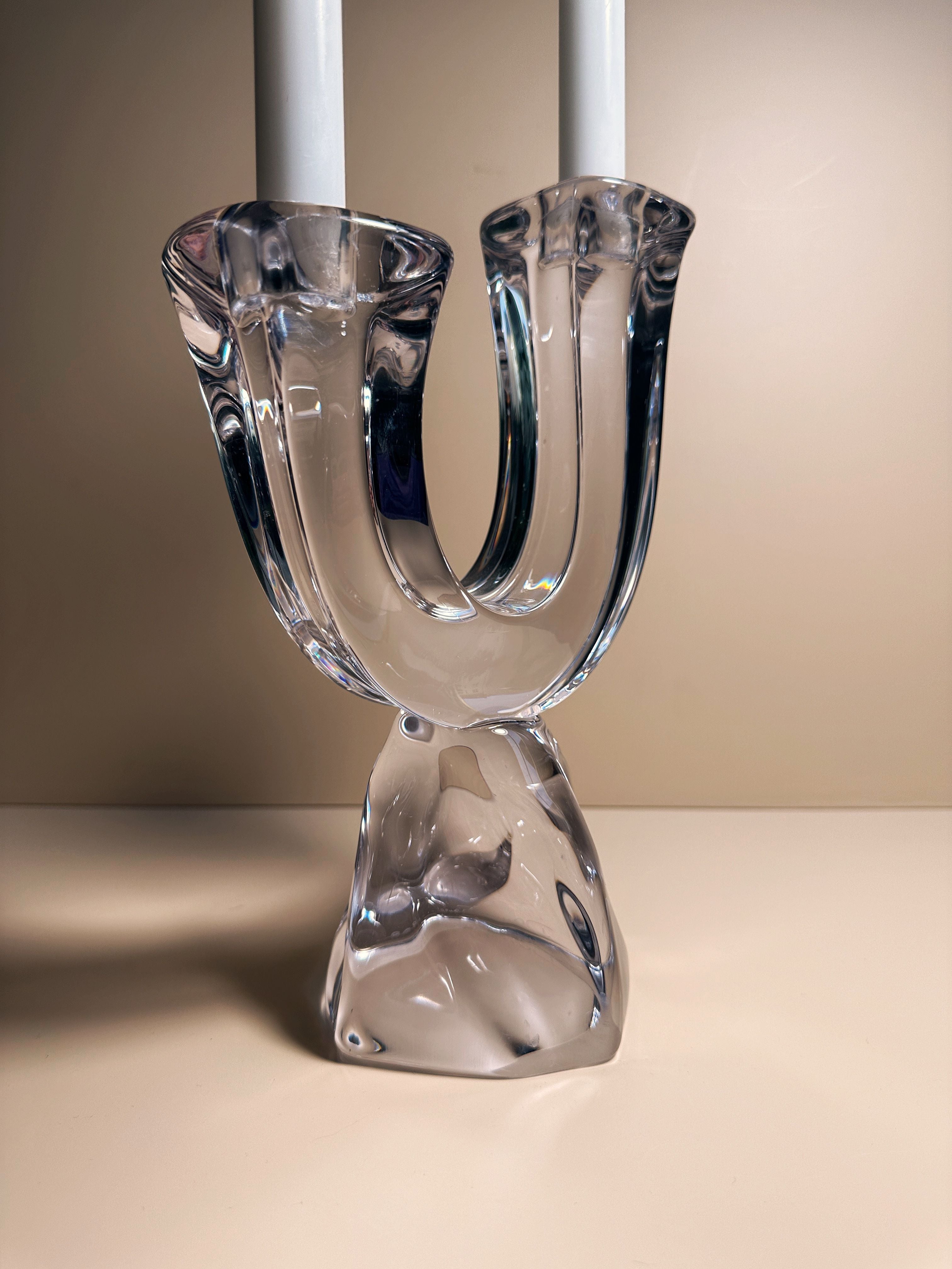 Solid Crystal Glass Brutalist Candelabra by Daum 1950s