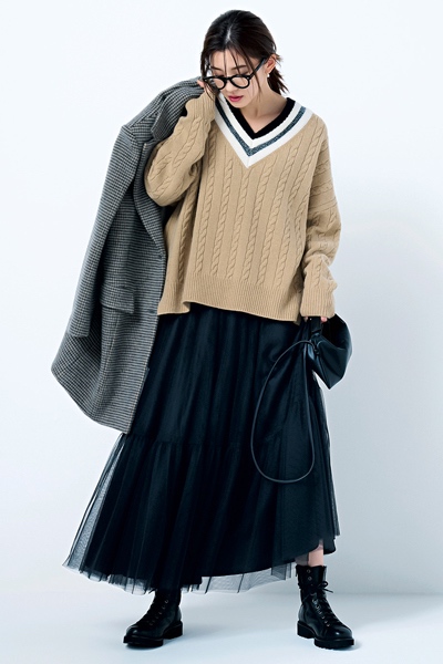 12/26のコーデ】チュールスカートをトラッドへ導くならケーブルニット