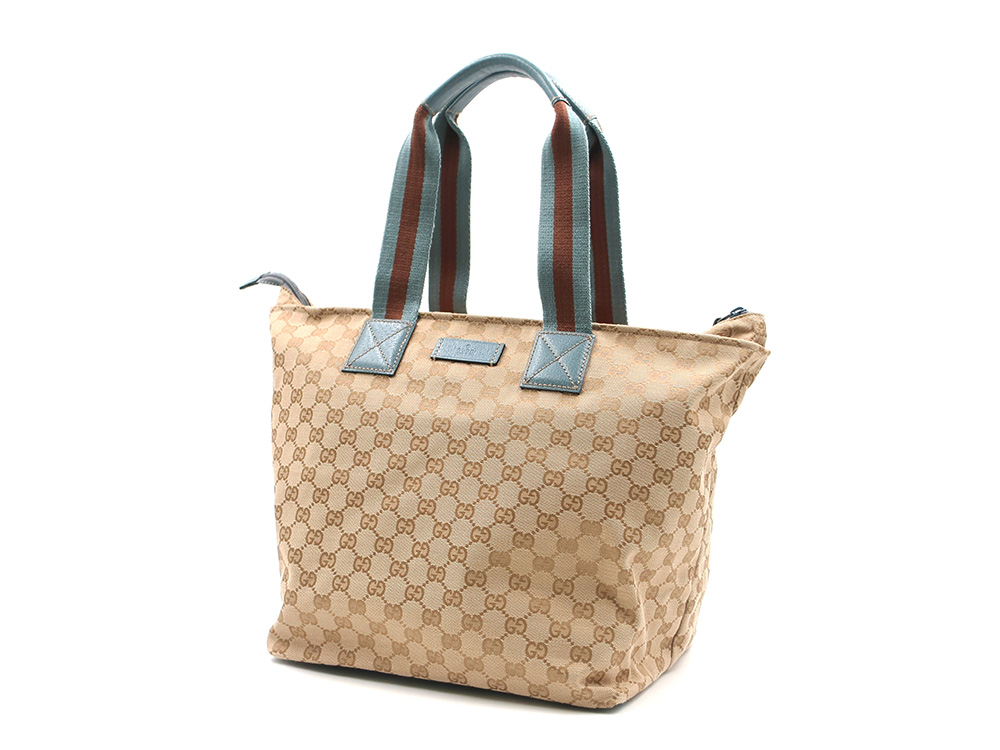 グッチ GGキャンバス シェリーライン トートバッグ ベージュ×ブルー