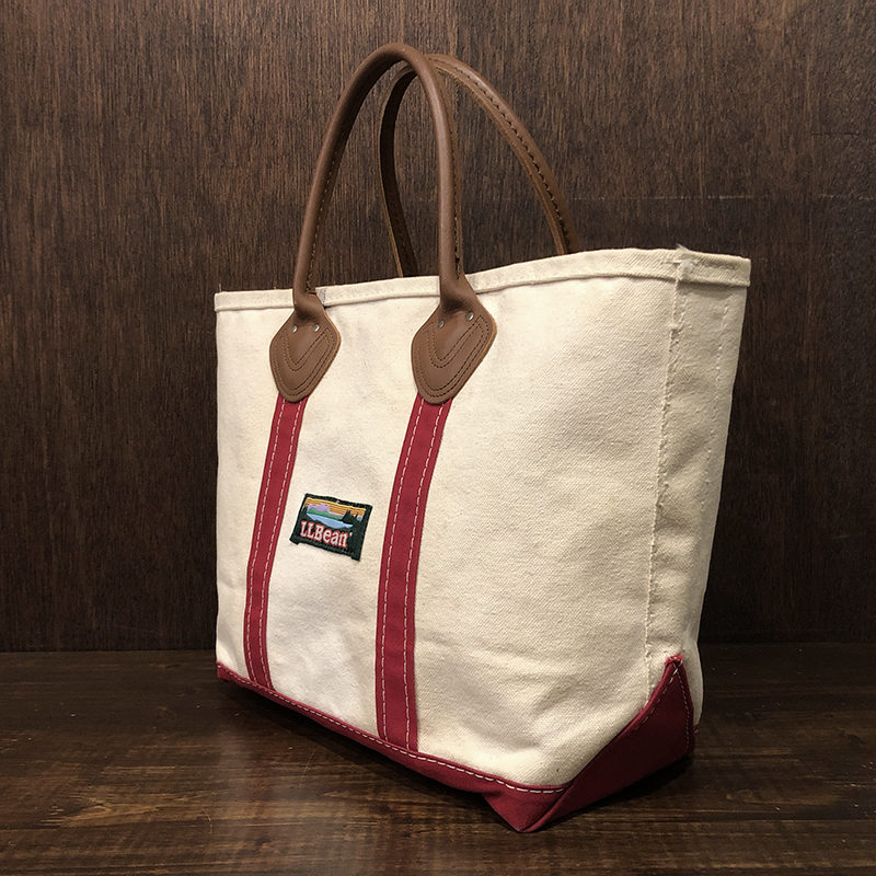 LL Bean Boat and Tote Leather Handle White Red Tote Bag M Mint