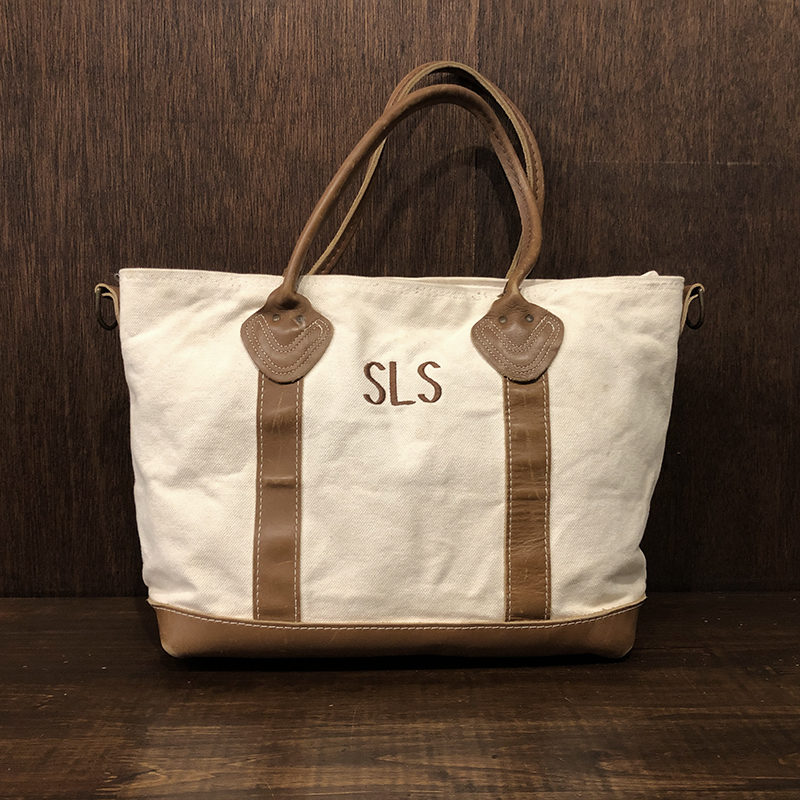 L.L. Bean Canvas & Brown Leather Handle Boat and Tote Bag Medium