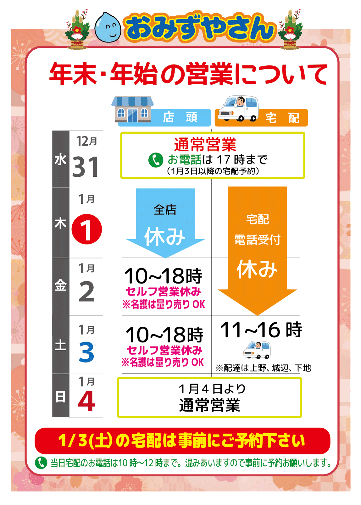 2025-26 年末年始の営業ご案内 | おみずやさん