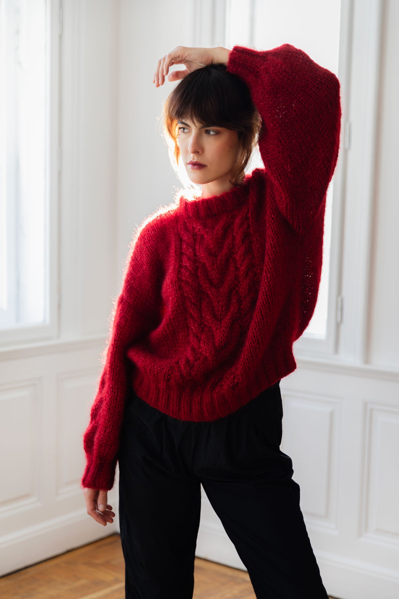 Handmade Mohair Cable Knit Sweater – Burgundy Red | Onika Knitwear