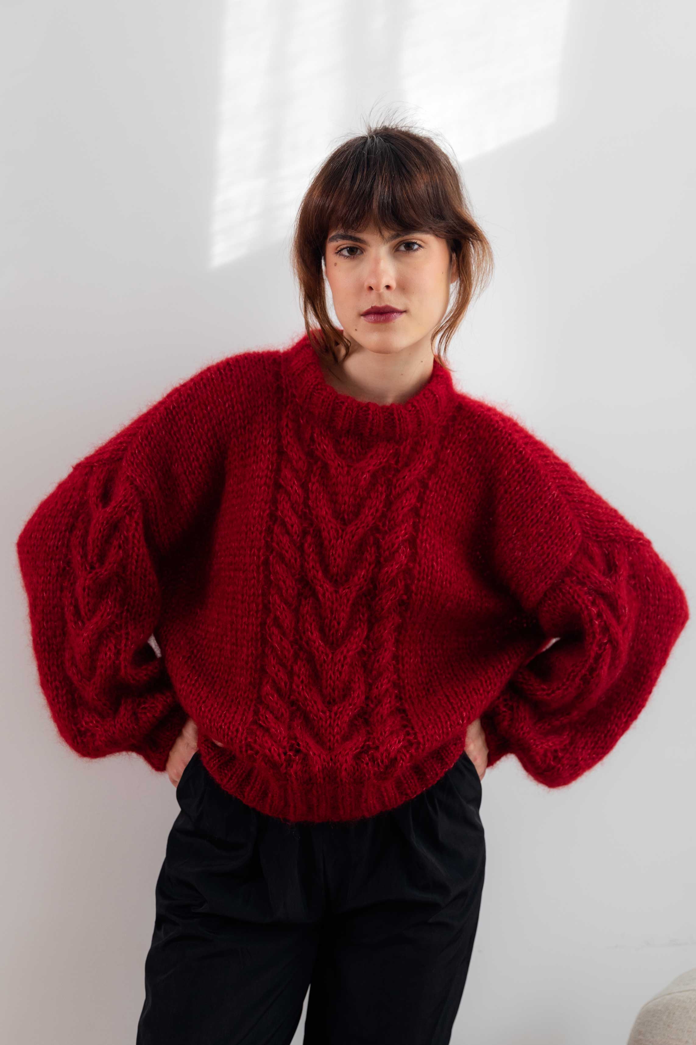 Handmade Mohair Cable Knit Sweater – Burgundy Red | Onika Knitwear