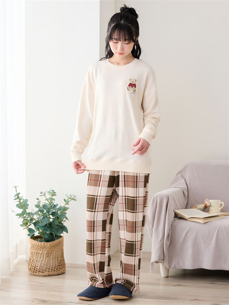温度調整]裏毛くまサガラ刺繍チェックボトム長袖パジャマ: ルーム