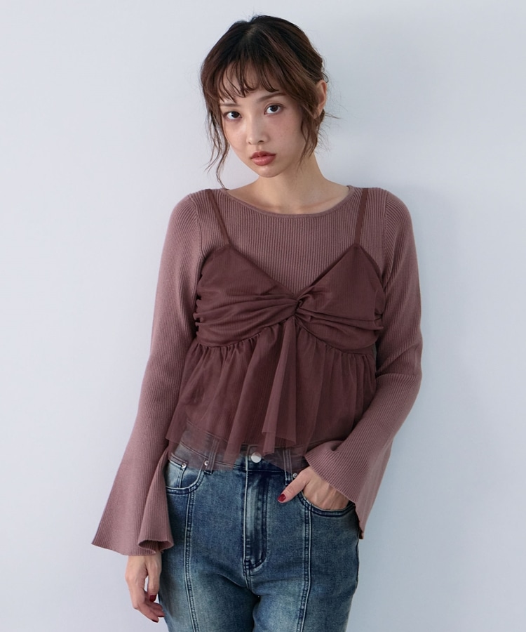 チュールビスチェ×フレアリブニットPOSET(M MOCHA): トップス
