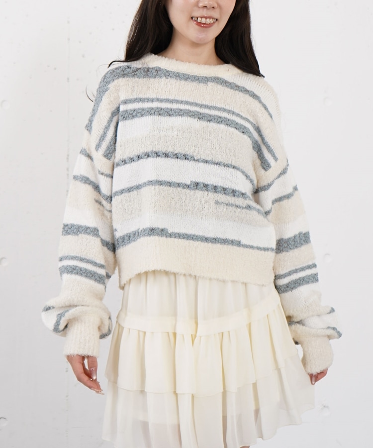 ミックスヤーンランダムボーダーニットプルオーバー(M IVORY