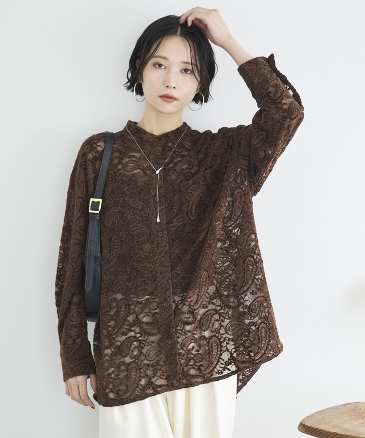 フロッキーレースバンドカラーシャツ／(F BROWN): トップス｜PMbox P&M