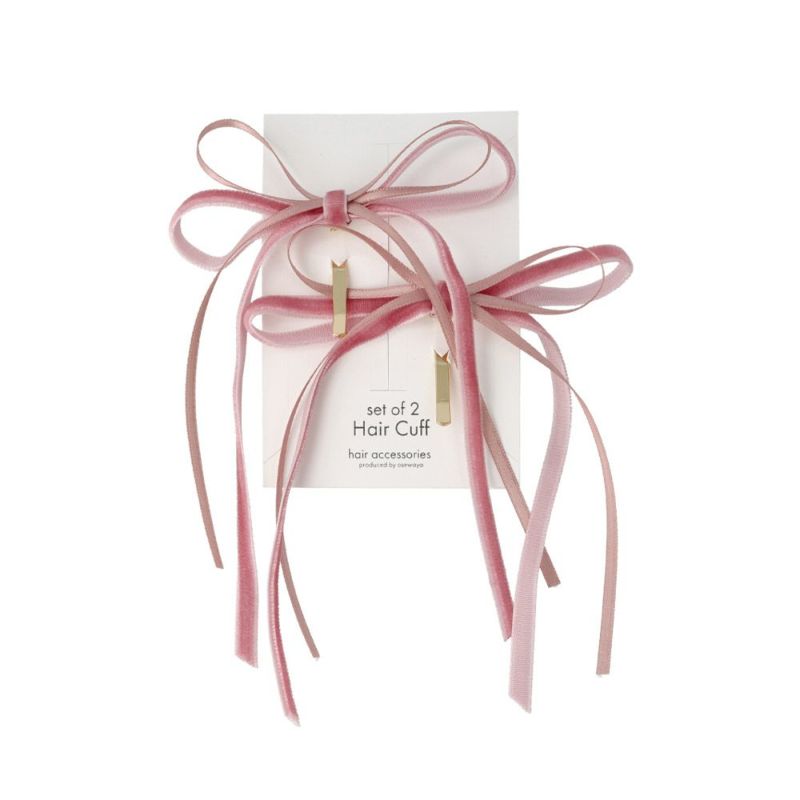 ヘアカフ スリム ベロア風 ダブル リボン 2個セット ヘアポニー ポニー