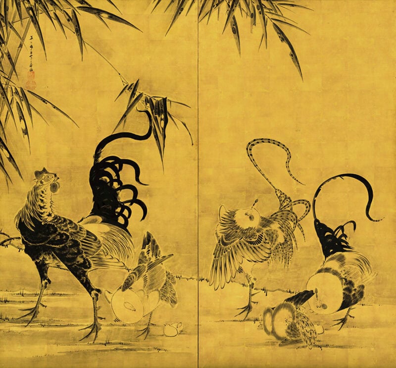 伊藤若冲「竹鶏図屏風」寛政 2（1790）年以前 二曲一隻 紙本金地墨画
