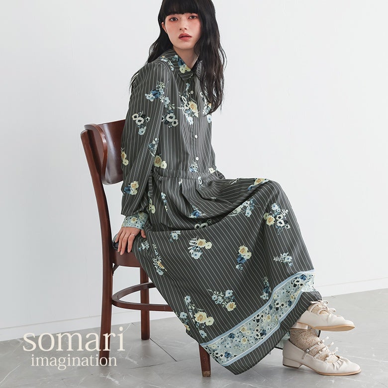 somari imaginationストライプ×花柄フレアワンピース』