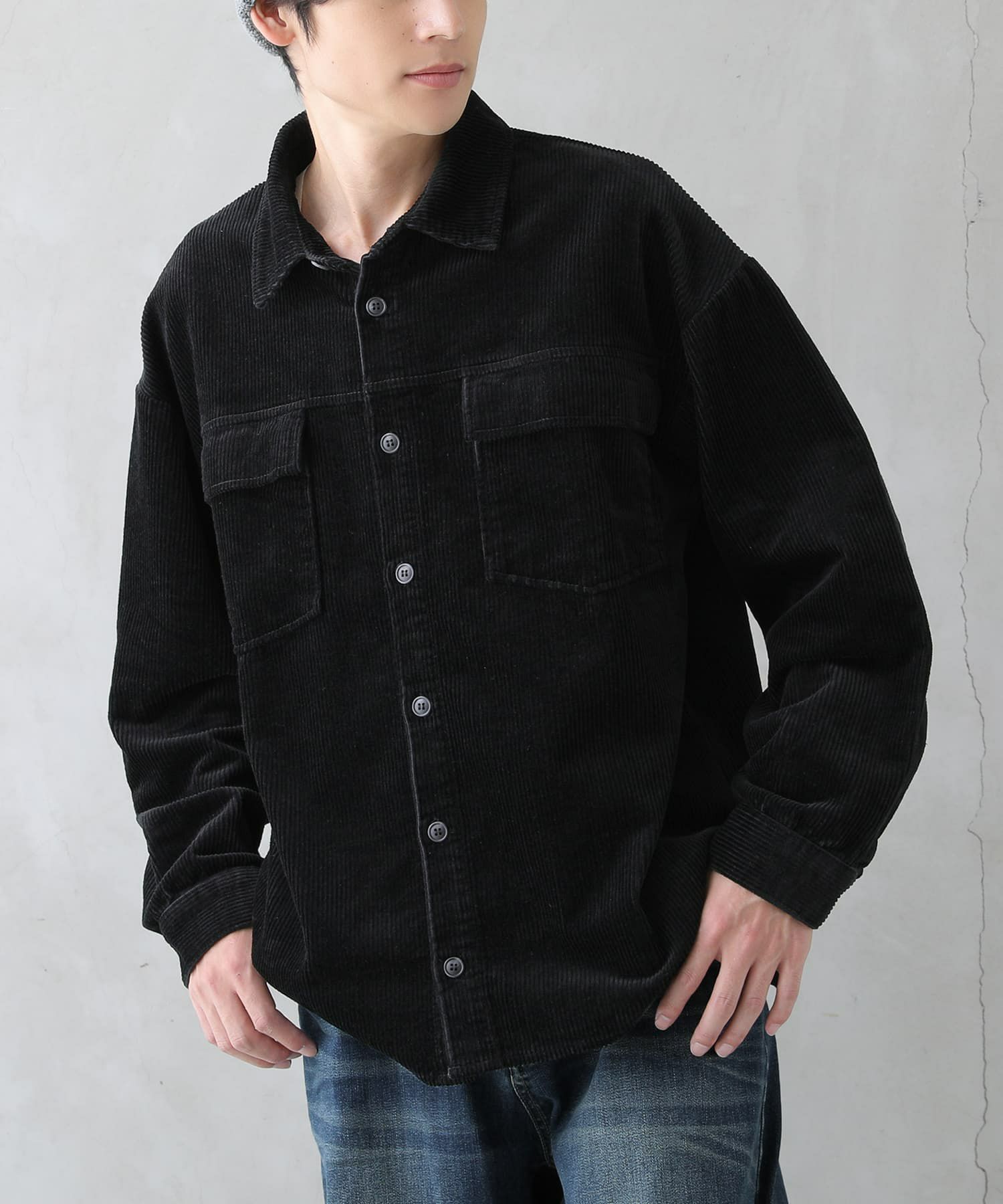 KUON コーデュロイ マルチポケットシャツ 未使用 L ネイビー