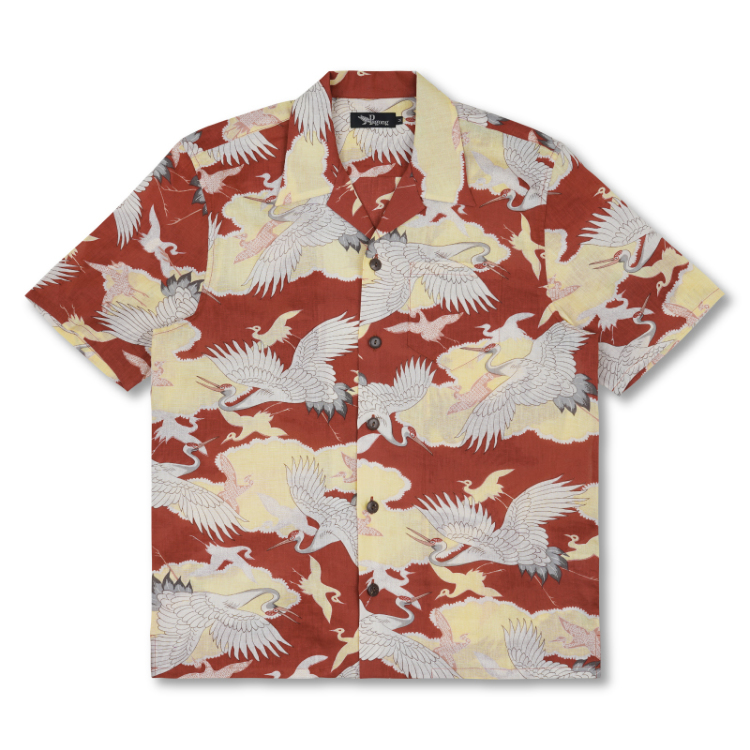 和柄 コットンアロハシャツ ＜鶴/橙色＞ | 京友禅アロハシャツ【Pagong