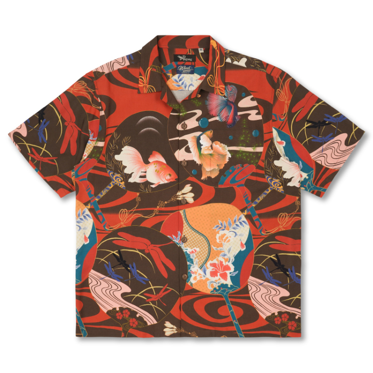 WindWearコラボ レーヨンアロハシャツ ＜うちわに金魚/橙茶＞ | 京友禅