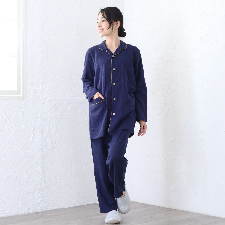 メンズ / レディース パジャマ 長袖 前開き テーラーカラー 綿100％二