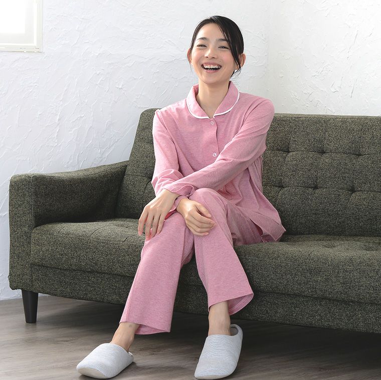 レディース パジャマ 長袖 前開き 衿付き オーガニックコットン100