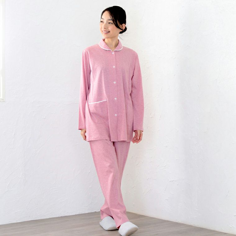 レディース パジャマ 長袖 前開き 衿付き オーガニックコットン100