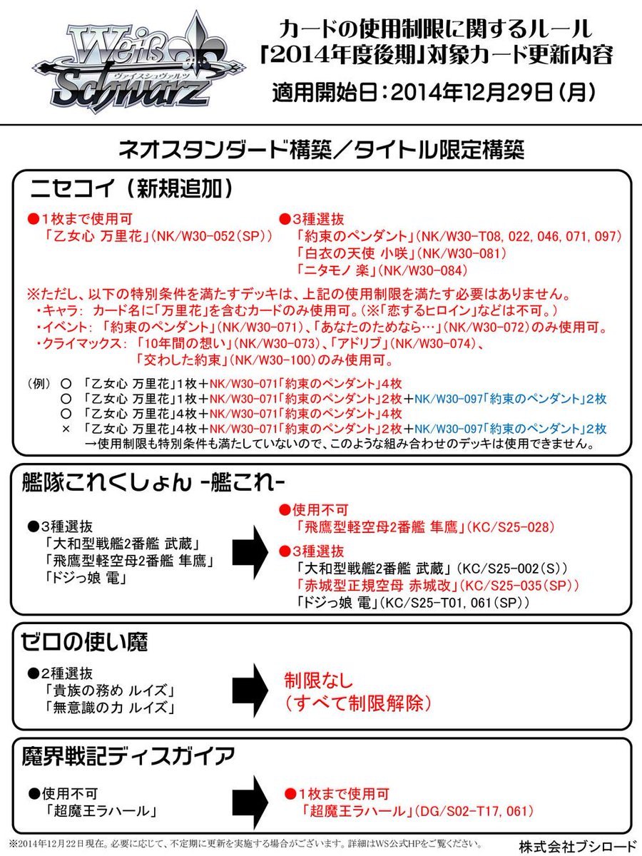 WS「カードの使用制限に関するルール」を更新いたします。「ニセコイ