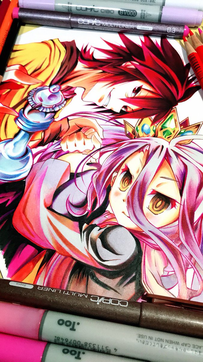 ノーゲーム・ノーライフの空と白を色鉛筆とコピックで描きました