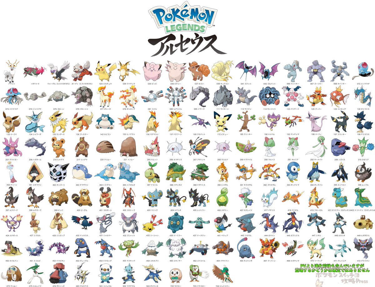 ポケモン LEGENDS アルセウス』内定・追加ポケモンを一覧にしました