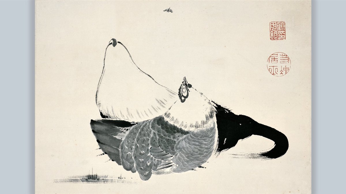 若冲と京の美術 アブを見つめ、小さな体に力を込めるニワトリ。羽の