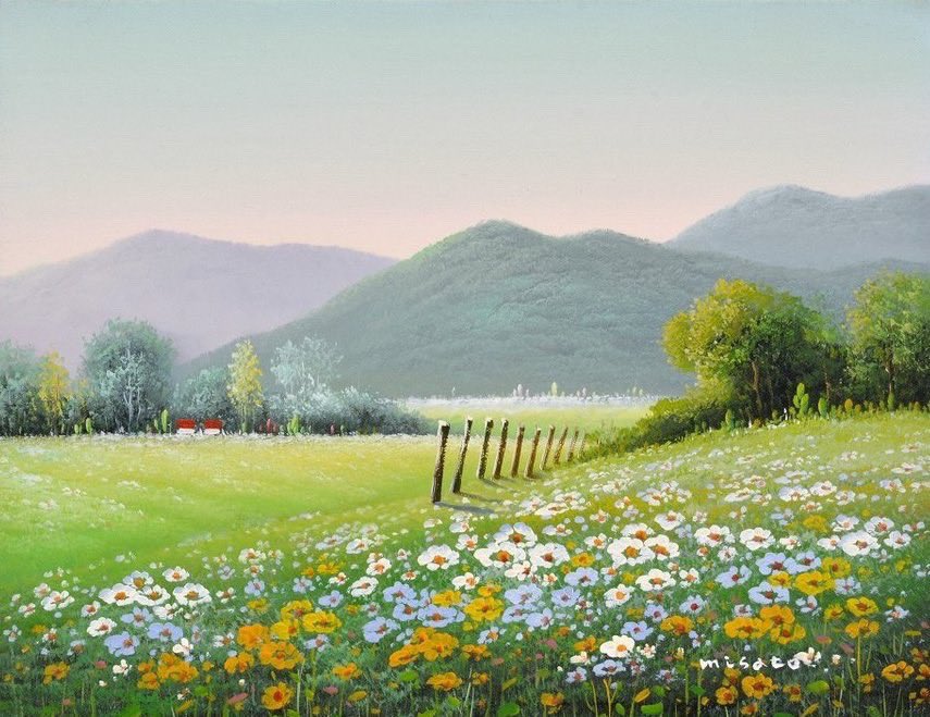 花畑。奥には山々。先日ドライブした秩父に雰囲気が似ている。みなさん