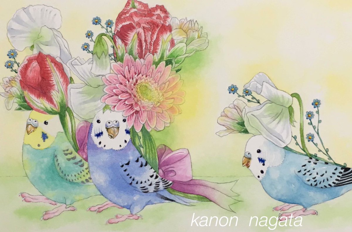 完成作品と、今描き途中の絵です。 セキセイインコという鳥さんや猫を