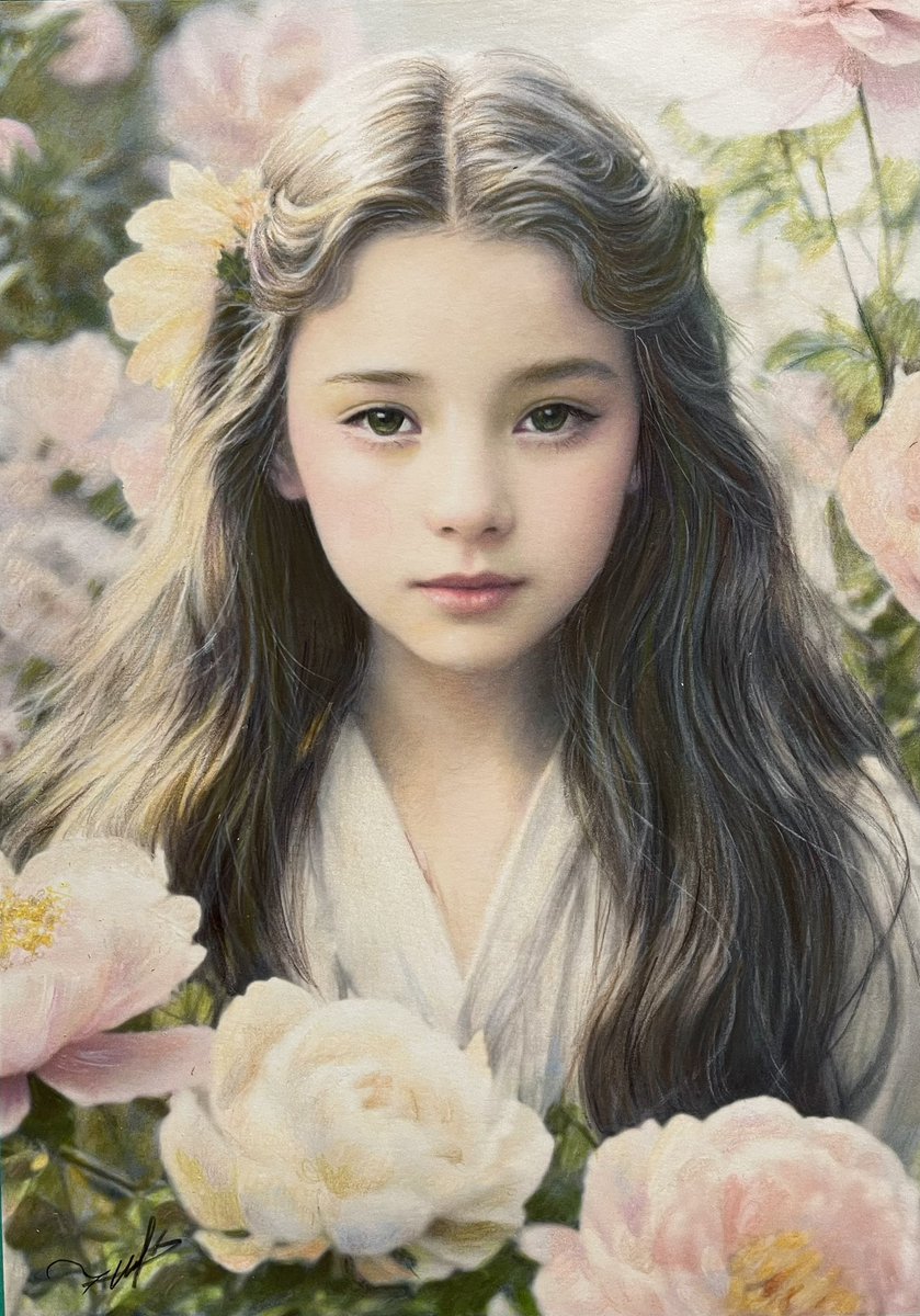 花びらの誘い』新作 色鉛筆画 価格 38,000yen (送料 額装込み） サイズ