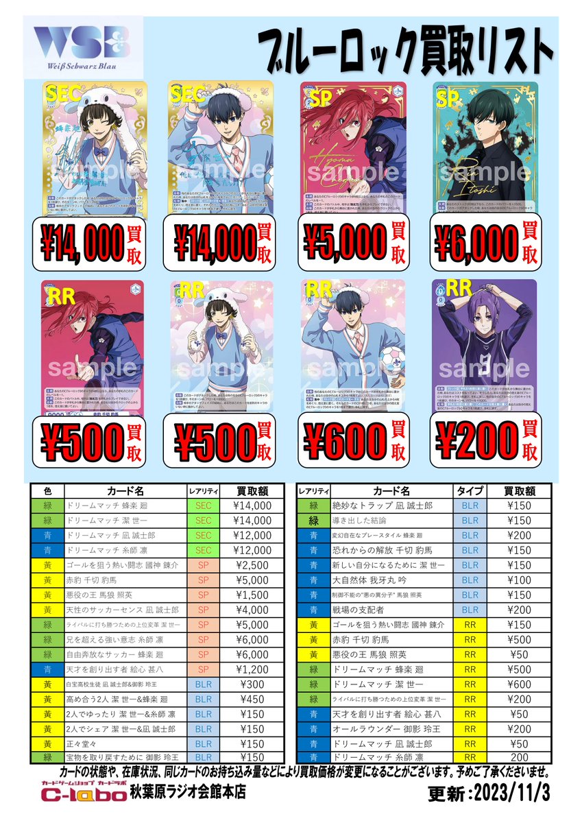 ヴァイスシュヴァルツブラウ 買取情報】 最新弾 #ブルーロック 買取表