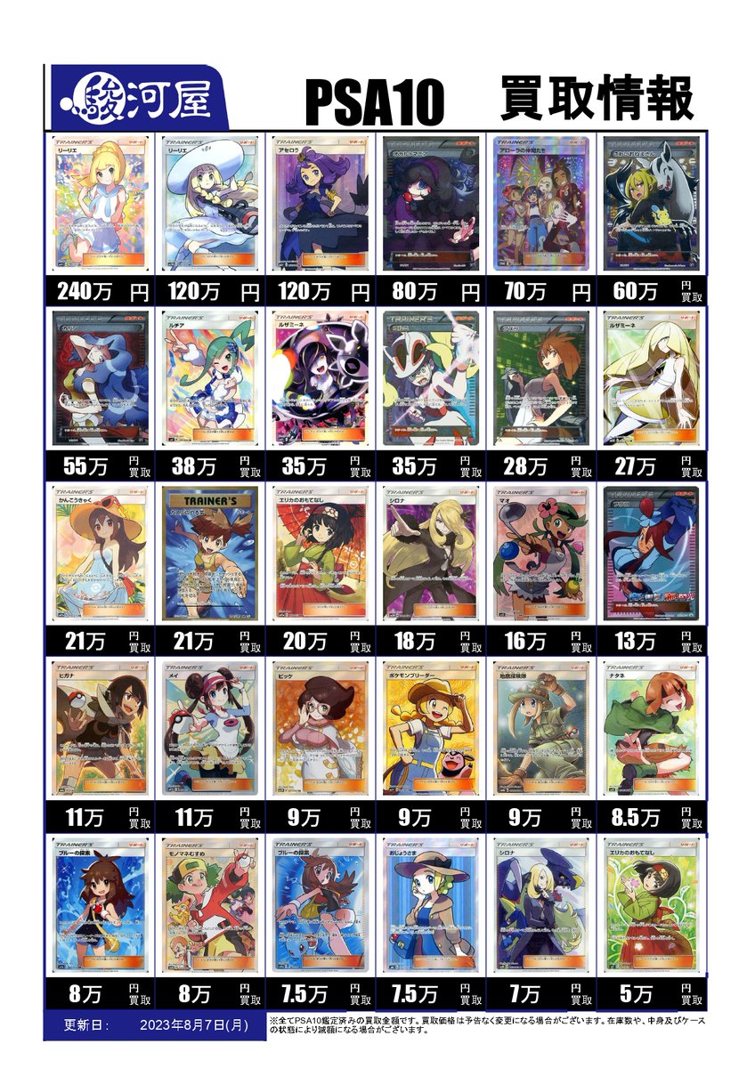 駿河屋ポケカ買取】 PSA10の買取表更新したﾆｬ！ 【PSA10】 リーリエ SR