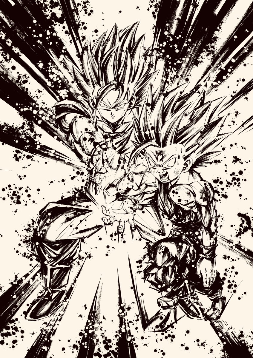 親子かめはめ波 #ドラゴンボール #墨絵 #イラスト